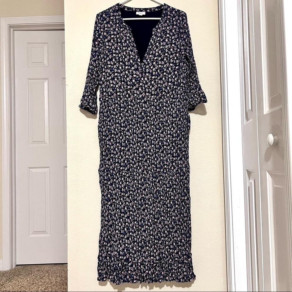 J. Jill Blue Floral slouchy Crinkle Rayon V-Neck Ruffle Hem Midi Dress Womens M - Picture 2 of 12